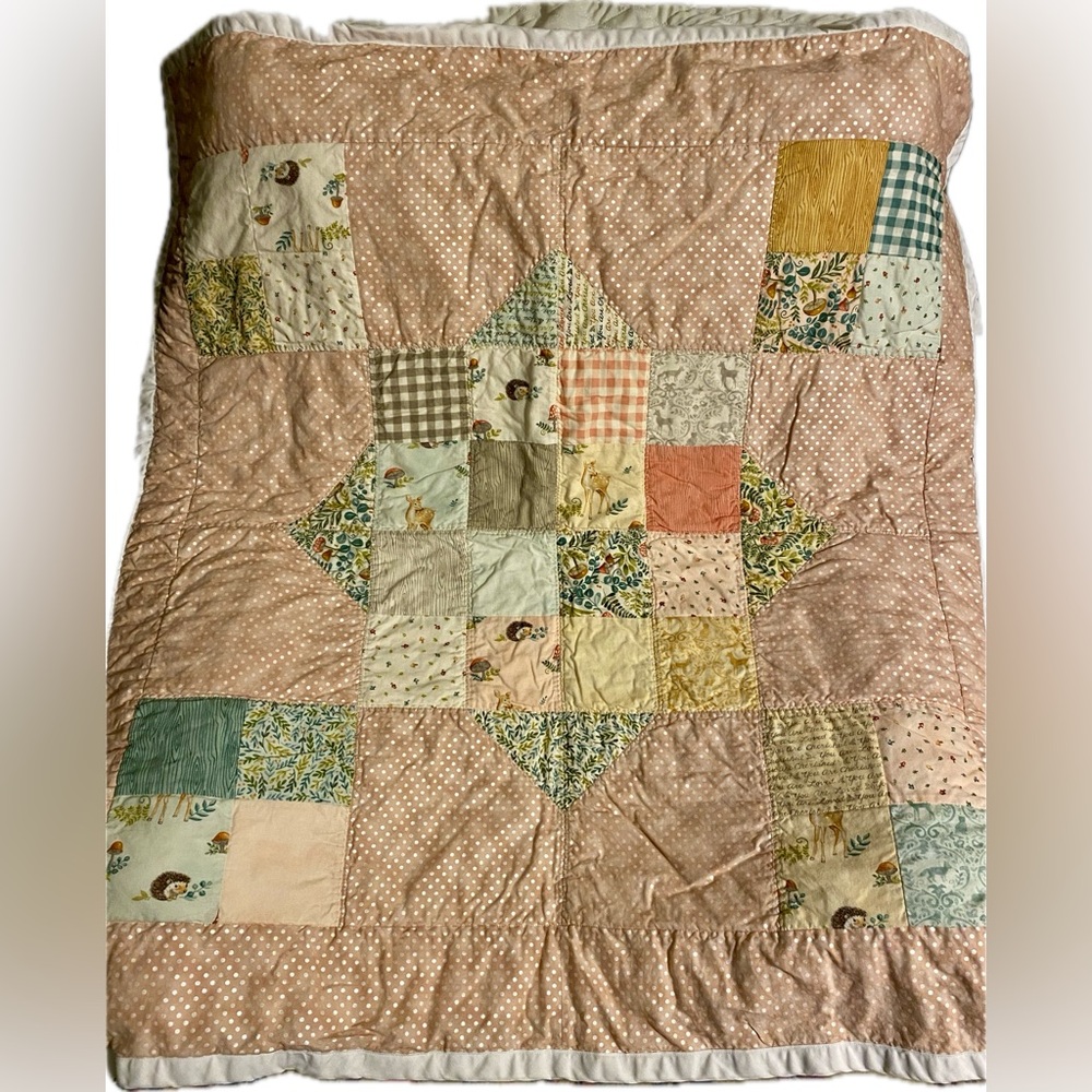 Patchwork Baby Quilt with Pastel Tones, Woodsy Creatures and Mushrooms.